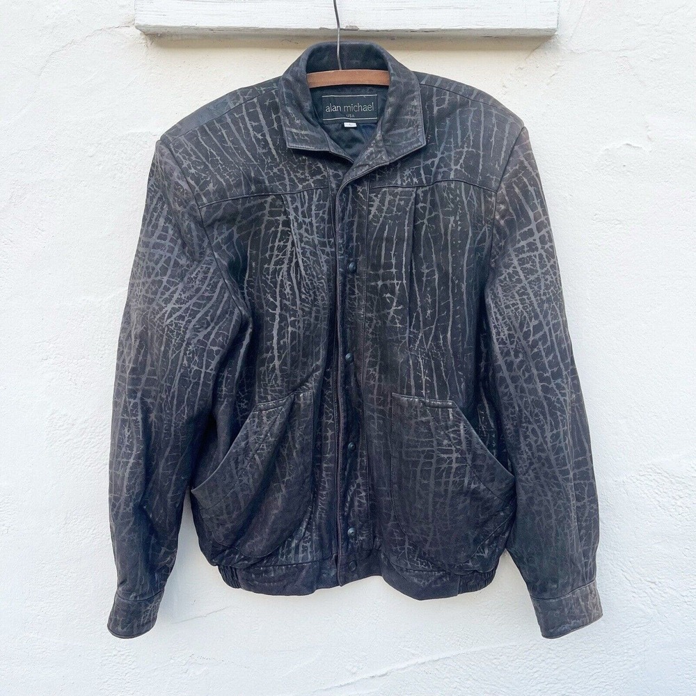 ALAN MICHAEL Vintage Rustic USA Jacket Mens L Grey Genuine Leather Jacket